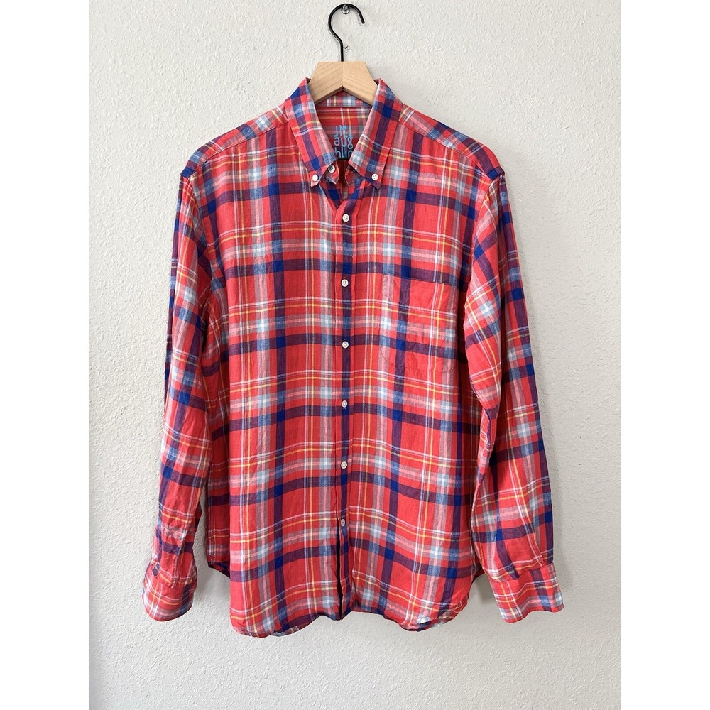 J. McLaughlin Mens Linen Plaid Lagenlook Button Down Shirt Red Blue Size M